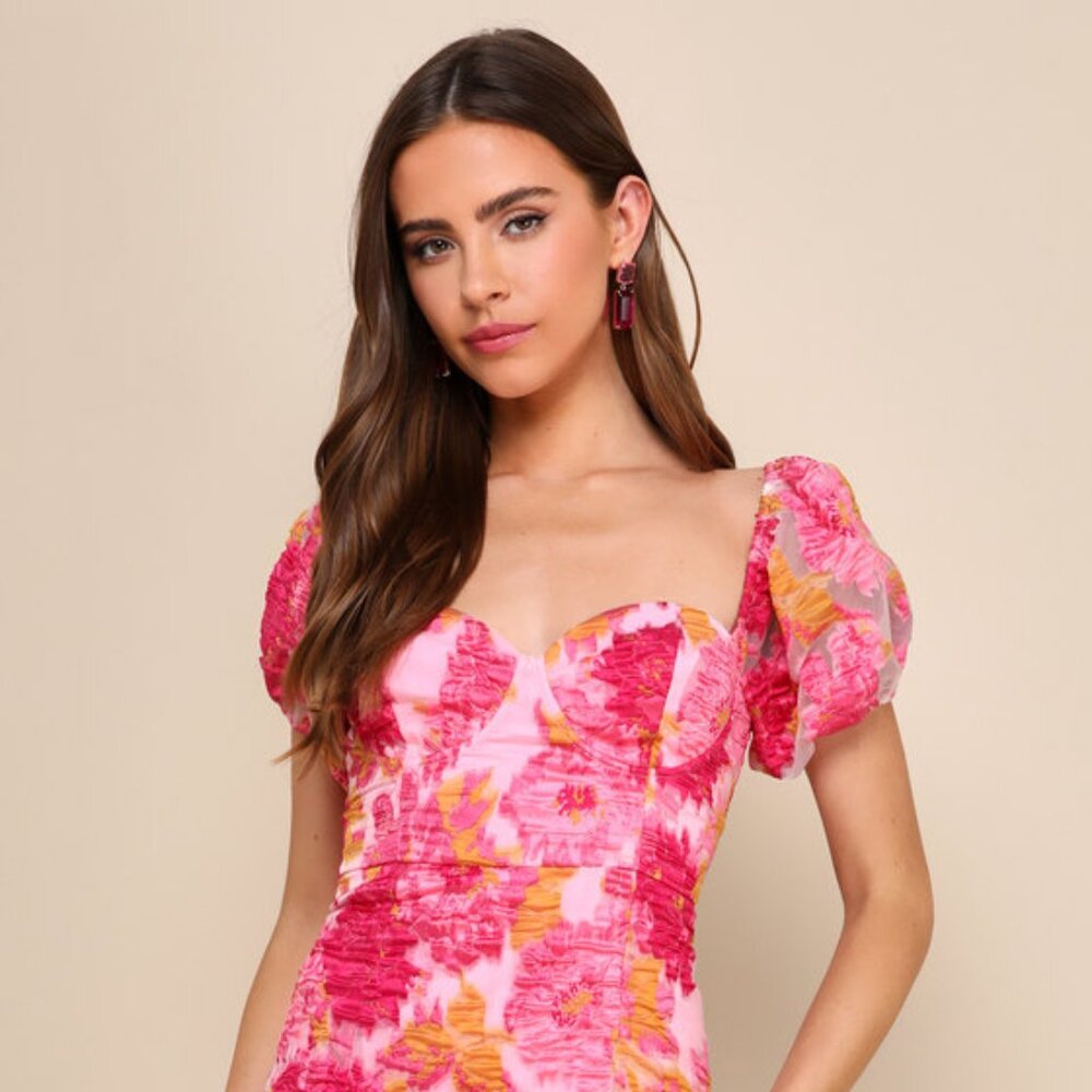 Lulus Luxe Direction Pink Floral Jacquard Puff Sleeve Mini Dress - Size M